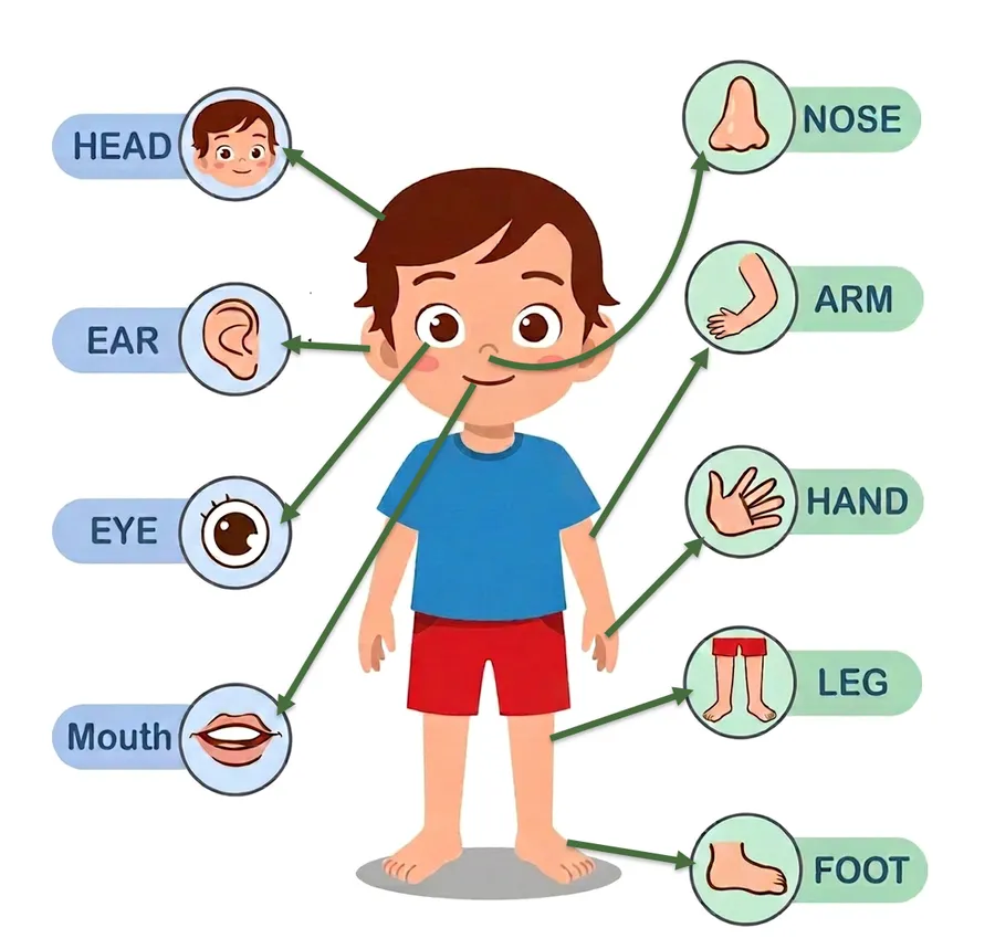 A boy with his head, ears, eyes, mouth, nose, arms, hands, legs and feet labelled