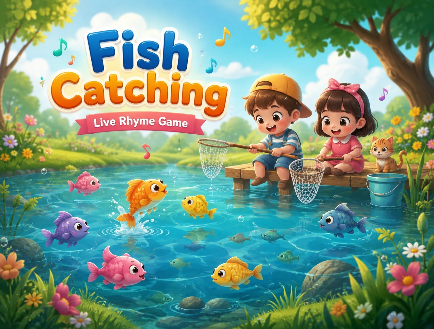 Two children catching colourful fish with nets at a pond in the Fish Catching live rhyme game