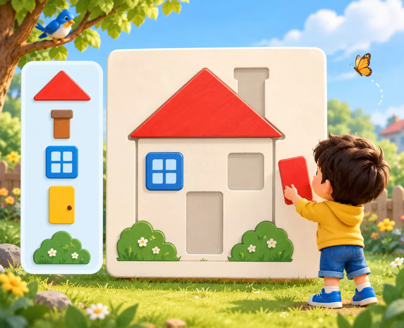 Shape Fit game: a child drags shapes into place to build a house