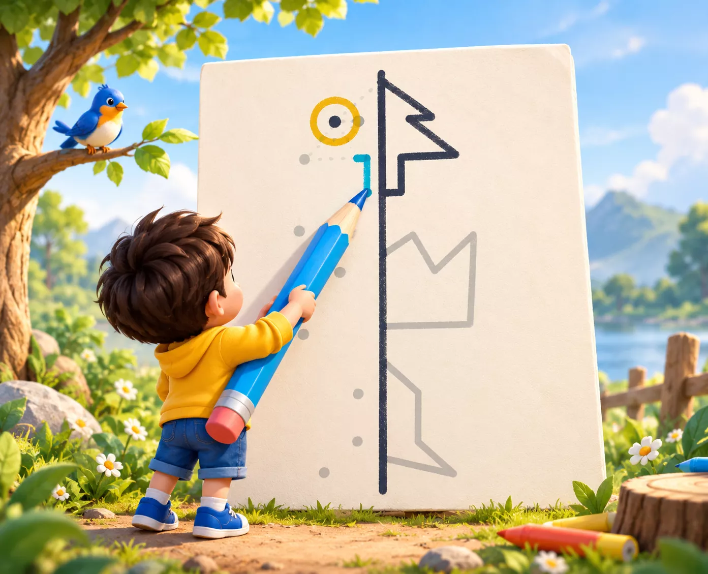 Matching game: a child joins the dots to finish a shape